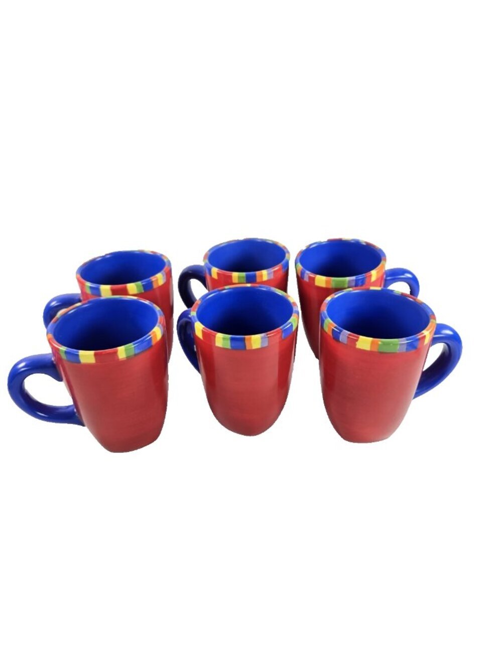 Dansk Caribe Antigua Stripe Mugs Red Multicolor Stripe Blue Handle Set of 6